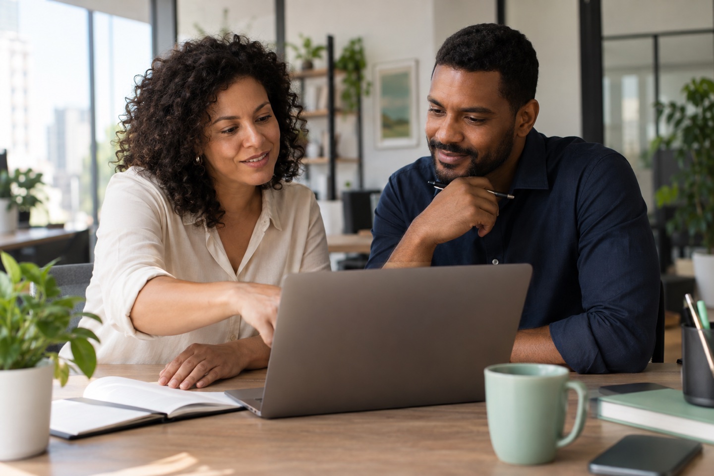 Duas pessoas trabalhando juntas e analisando informações no notebook.